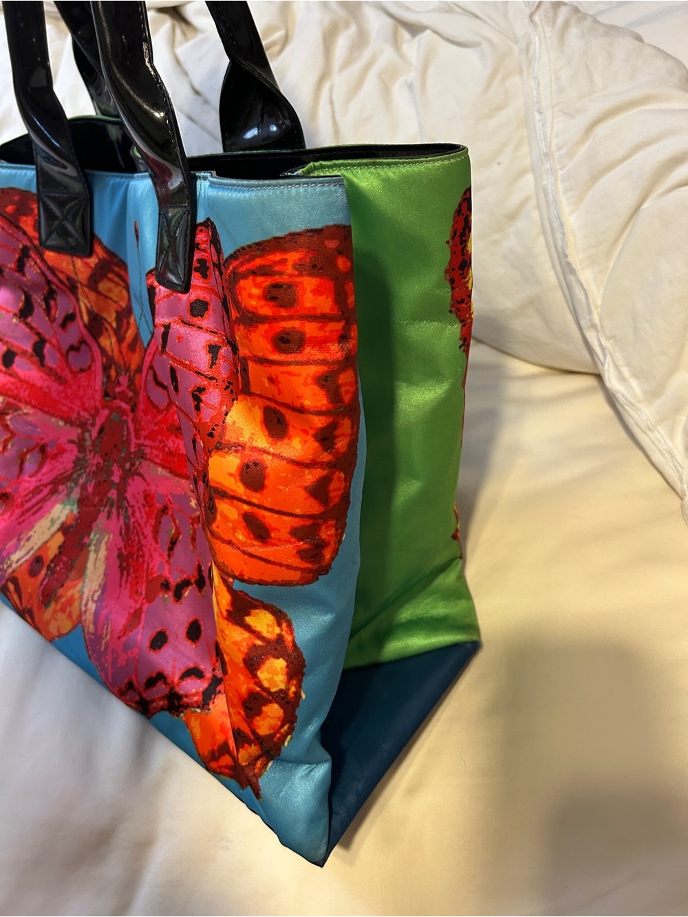 Kate Landry Green Tote with Blue Butterfly Print and Black Handles
